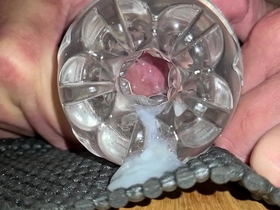 Close-up fucking double Quickshot Fleshlight with huge slowmotion cum explosion and sperm flooding out