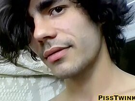 Dashing Young Man Strokes Himself While Peeing On His Body